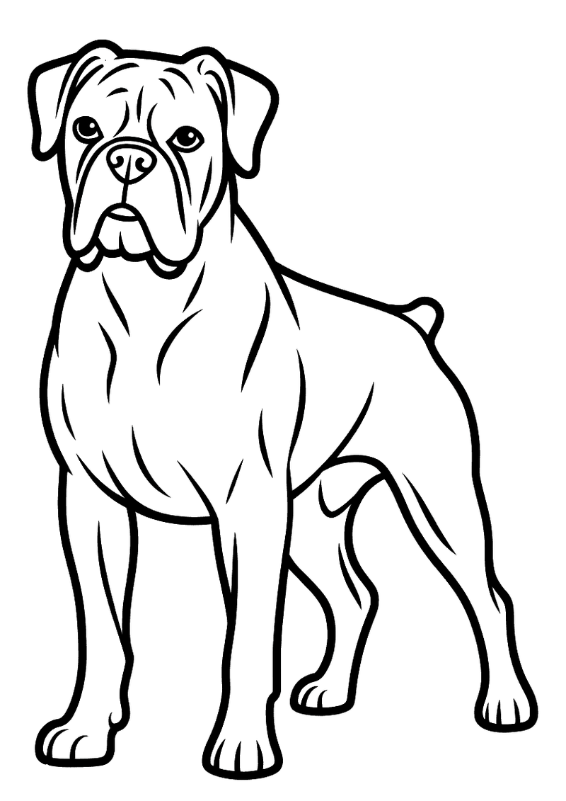 Kleurplaat van een gespierde bokser hond in staande houding met brede borst, kenmerkende platte snuit en droefgeestige o