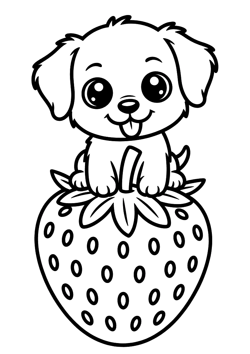 Kleurplaat van een schattig chibi hondje met grote ronde ogen en een uitgestoken tongetje dat bovenop een grote aardbei 