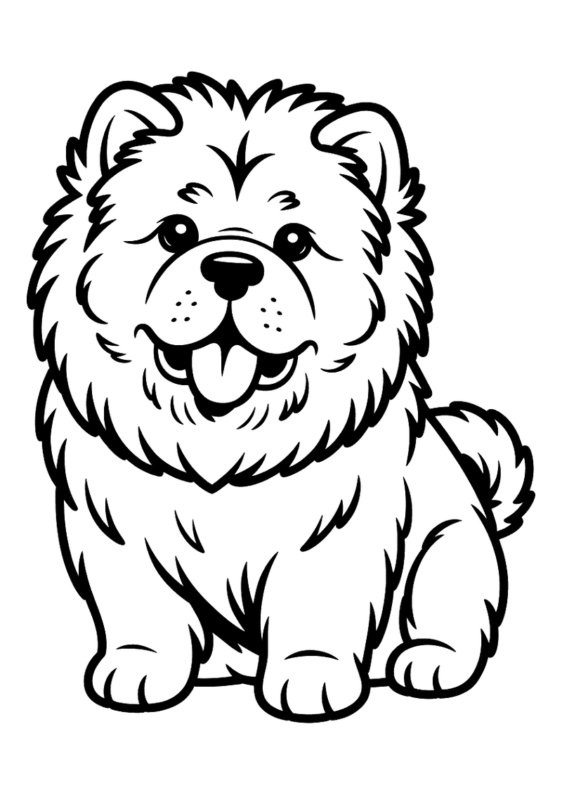 Kleurplaat van een Chow Chow die zit met zijn dikke pluizige manen rondom zijn hoofd, uitgestoken tong en kleine amandel