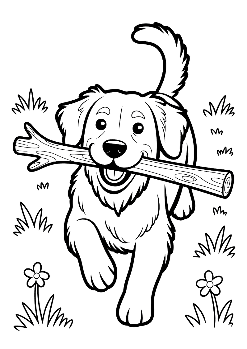 Kleurplaat van een golden retriever die met een houten stok in zijn bek door het gras rent, zijn staart vrolijk omhoog e