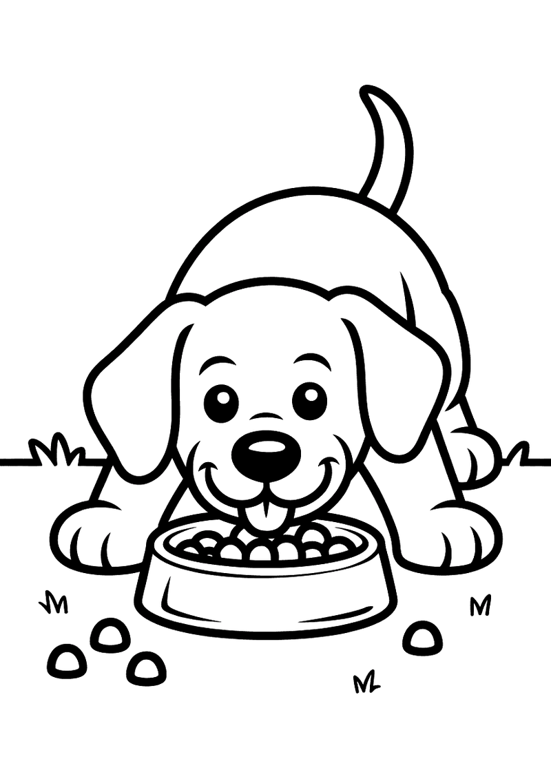 Kleurplaat van een labrador pup die zich over zijn gevulde voerbak buigt om te eten, met losse brokjes op de grond eromh
