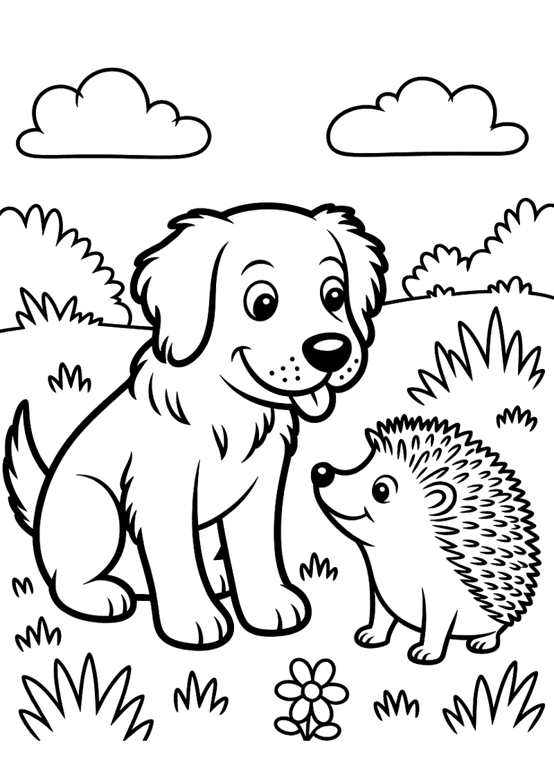 Kleurplaat van een golden retriever pup en een kleine egel die nieuwsgierig naar elkaar snuffelen op het gras, met bloem