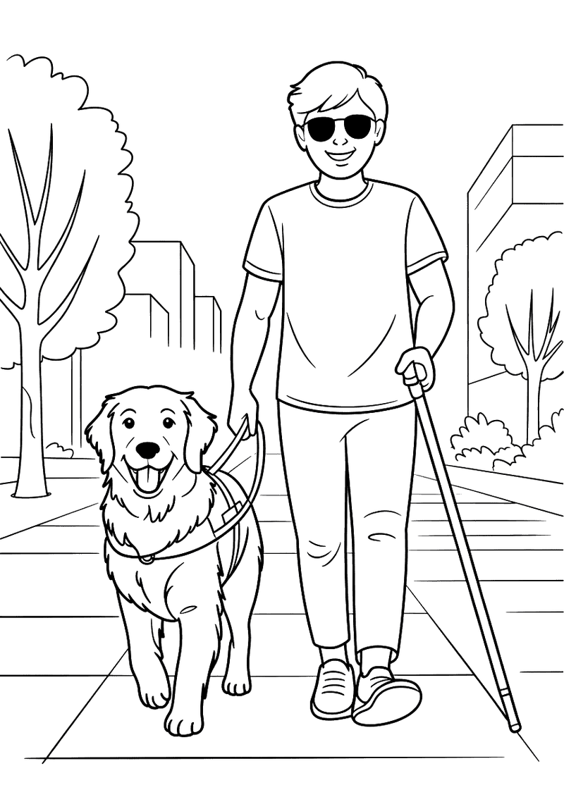 Kleurplaat van een golden retriever geleidehond die een man met zonnebril en witte wandelstok begeleidt op een stoep in 