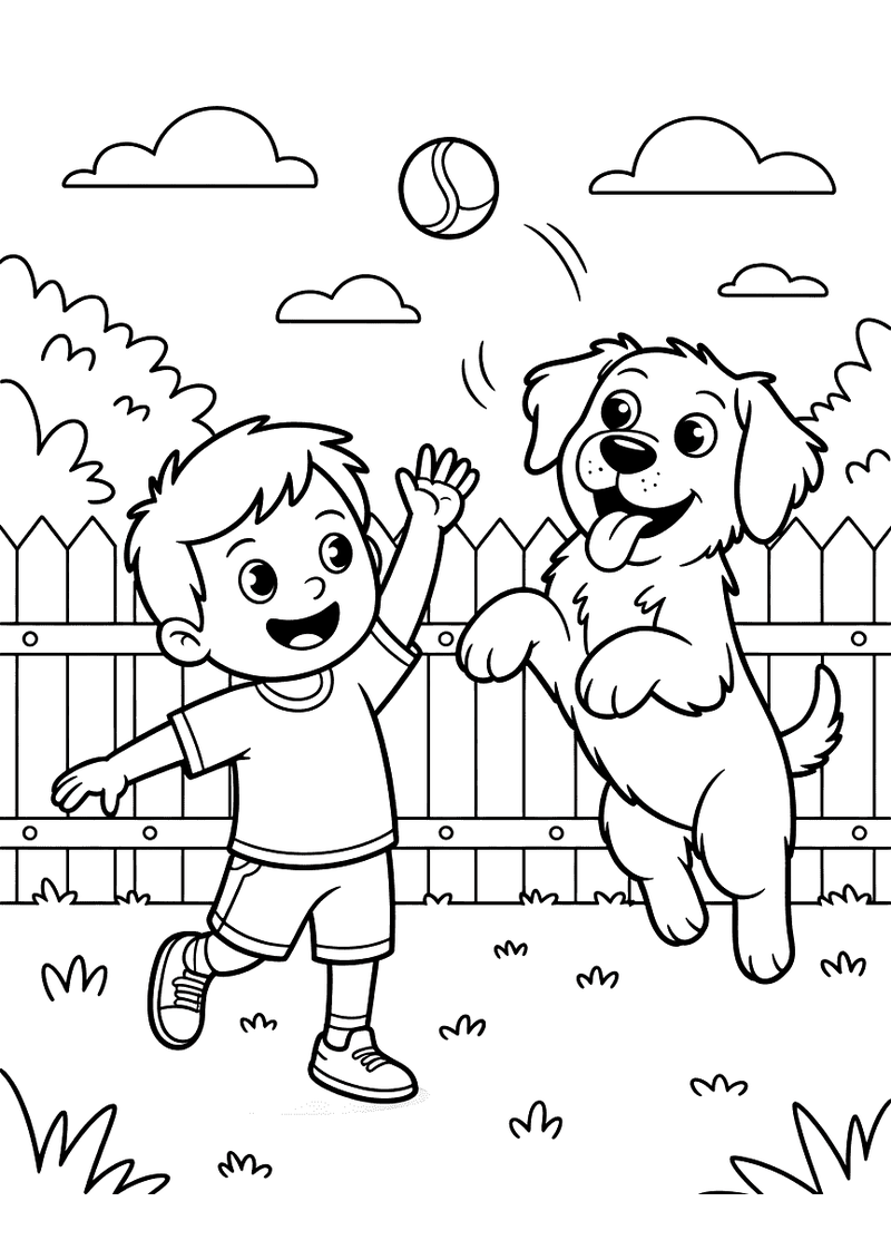 Kleurplaat van een jongen en zijn hond die samen spelen in de tuin, de hond springt omhoog terwijl de jongen zijn hand u