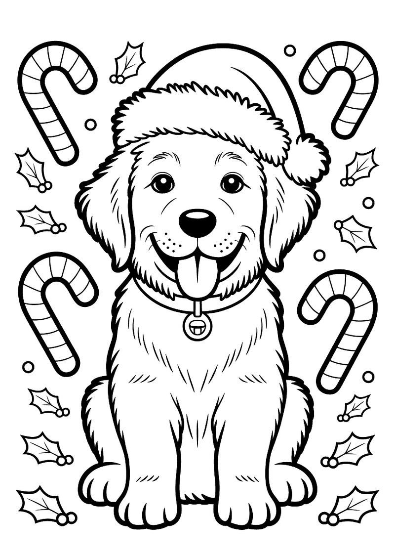 Kleurplaat van een golden retriever pup met rode kerstmuts op, omringd door grote zuurstokken en hulstbladeren met besse