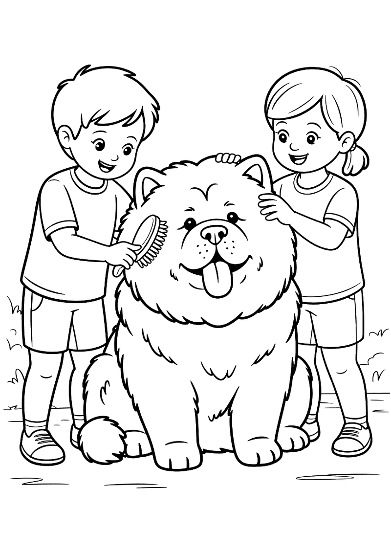 Kleurplaat van een jongen en een meisje die elk aan een kant een grote Chow Chow borstelen, de hond kijkt tevreden naar 