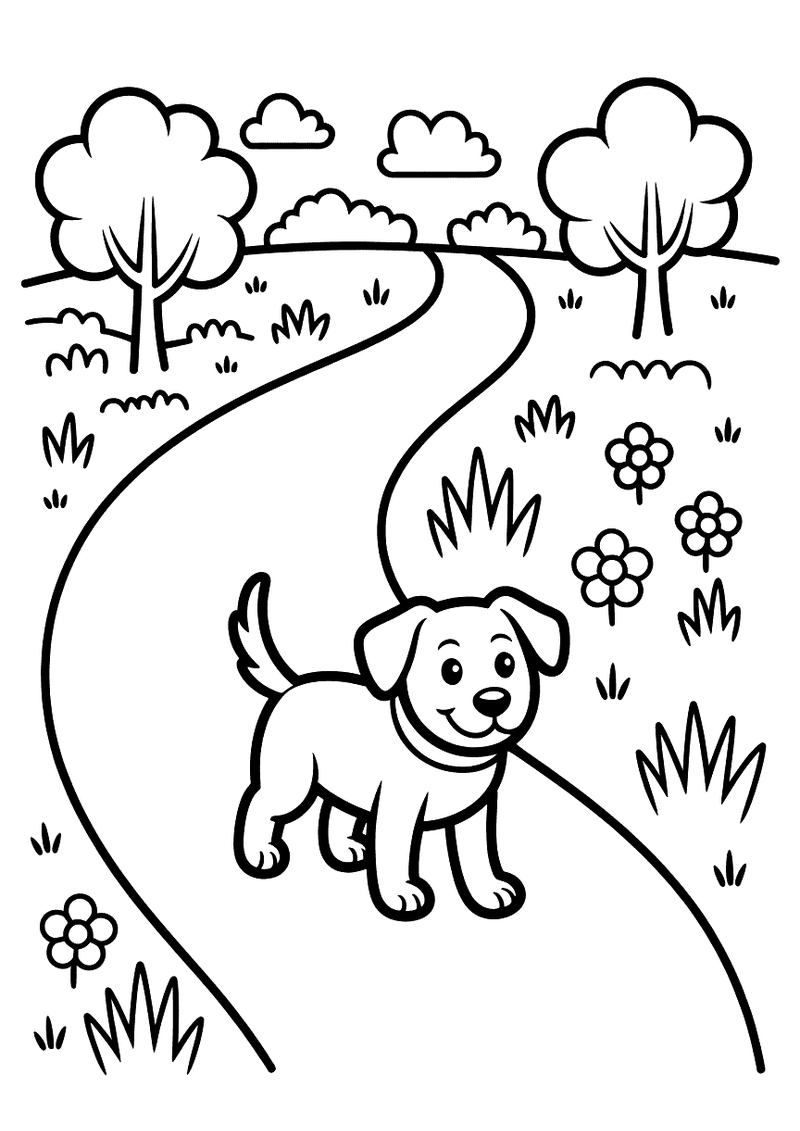 Kleurplaat van een labrador pup die vrolijk over een slingerend pad loopt omringd door bomen aan weerszijden, met bloeme