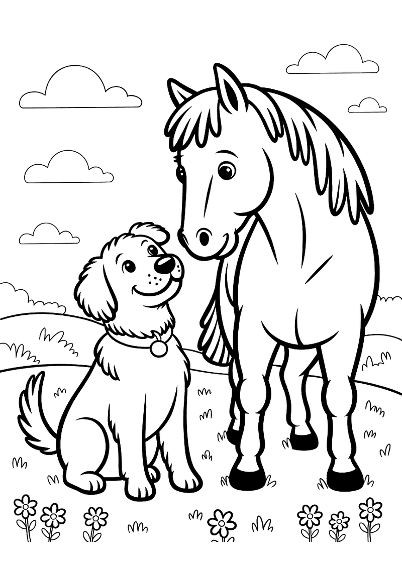 Kleurplaat van een golden retriever die naast een groot paard staat in een weide met bloemen op de grond en wolken in de