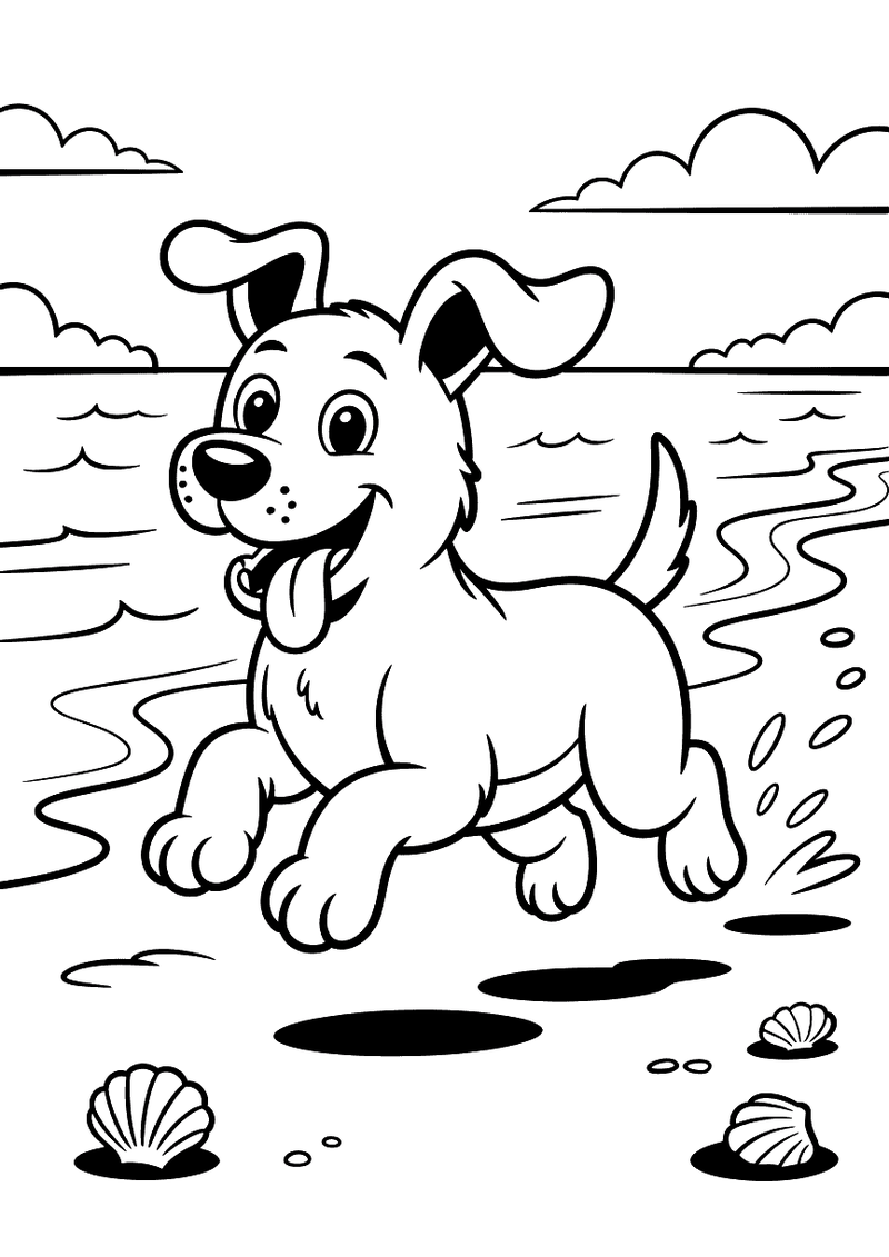 Kleurplaat van een vrolijke pup die over het natte strand rent langs de golven van de zee, met schelpen op het zand en w