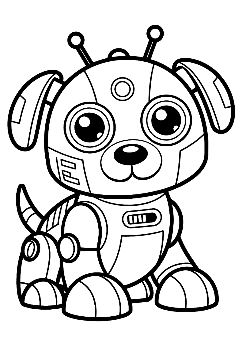 Kleurplaat van een schattige robot hond met twee antennes op zijn hoofd, grote ronde ogen, een digitaal display op zijn 