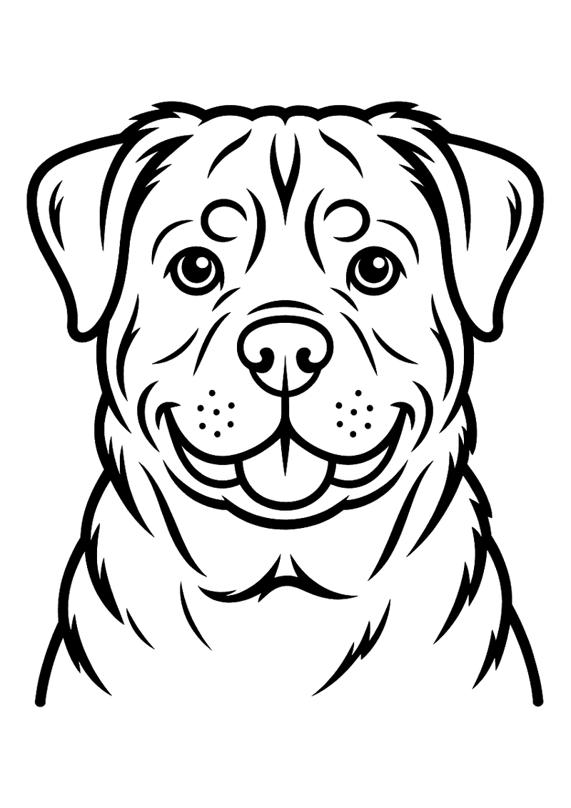Kleurplaat van een rottweiler in close-up portret met brede kop, lichte sproetjes rond de neus, trouwe ogen en een gliml