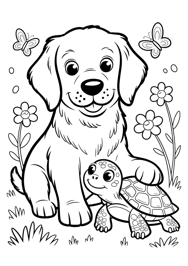 Kleurplaat van een golden retriever die naast een kleine schildpad zit in een tuin met bloemen en vlinders op de achterg