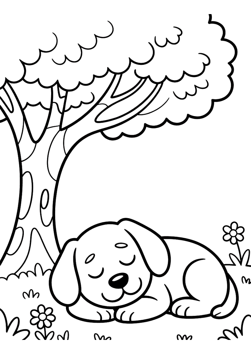 Kleurplaat van een hondje dat vredig slaapt op het gras onder de schaduw van een grote boom, met kleine bloemen rondom h