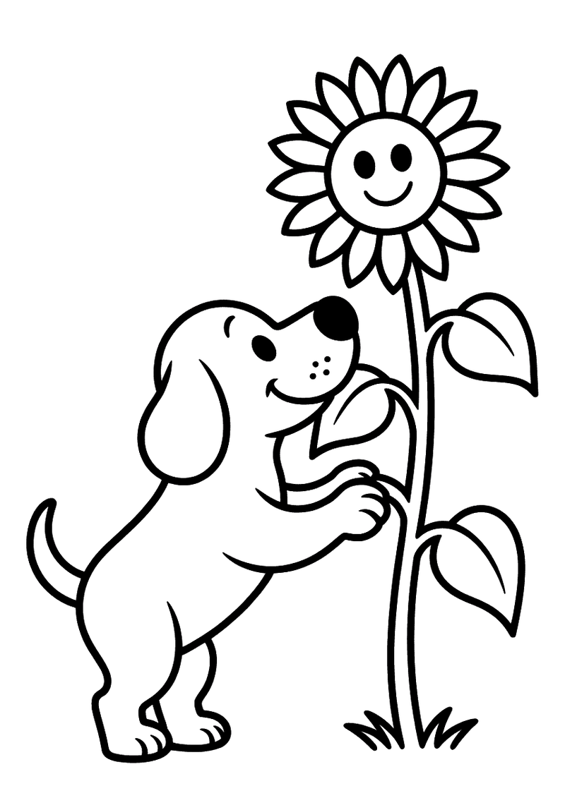 Kleurplaat van een labrador pup die op zijn achterpoten staat en zijn neus tegen de bloemblaadjes van een grote zonneblo