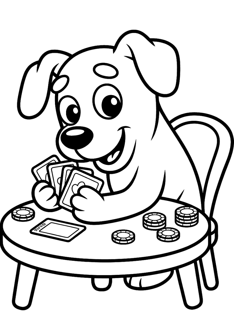 Kleurplaat van een labrador pup die aan een tafel zit met speelkaarten in zijn voorpoten, een stapel pokerfiches voor he