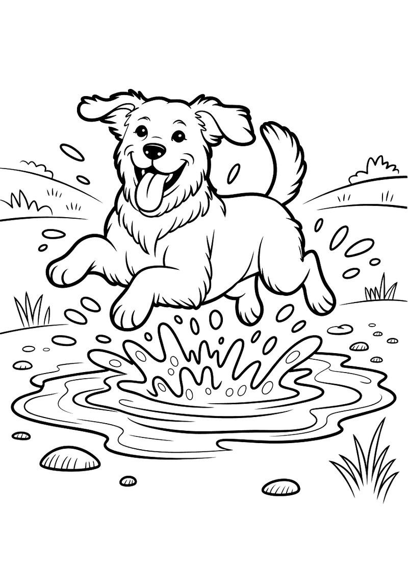 Kleurplaat van een golden retriever die met zijn voorpoten in een modderplas springt en spatten water en modder om zich 