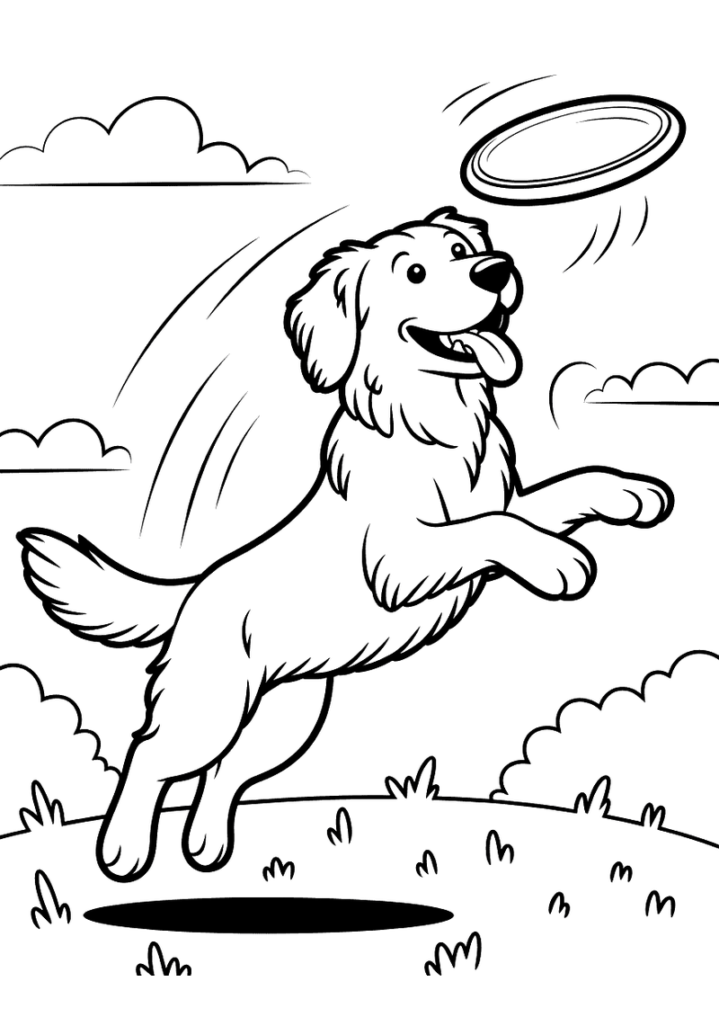 Kleurplaat van een golden retriever die hoog in de lucht springt om een frisbee te vangen, zijn bek net voor de frisbee,