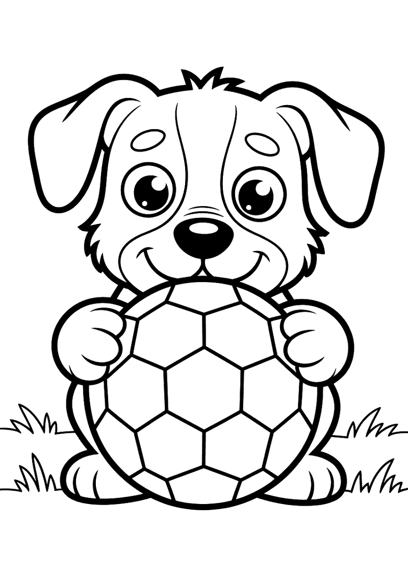 Kleurplaat van een labrador pup die in het gras zit en een voetbal met zijn twee voorpoten vasthoudt, hij kijkt vrolijk 