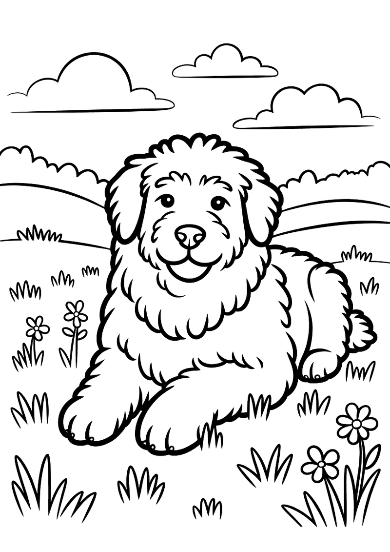 Kleurplaat van een labrador pup die midden in een weide zit omringd door bloemen van verschillende soorten en groen gras