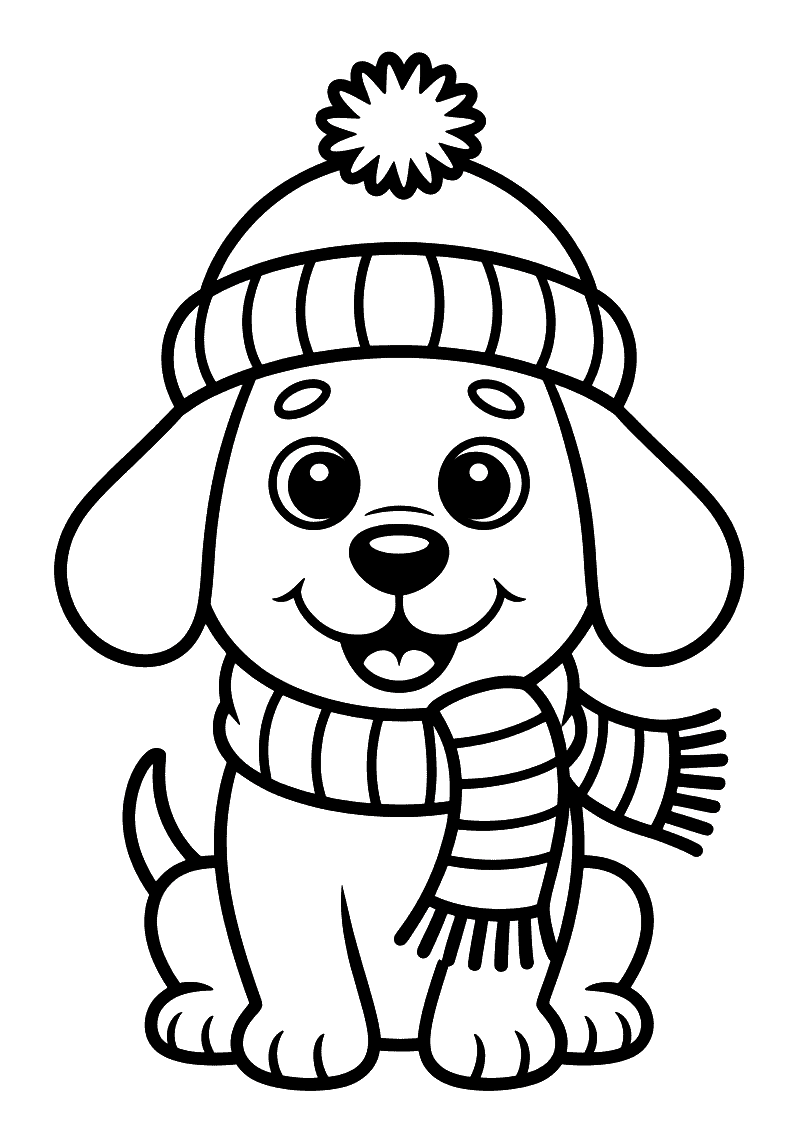 Kleurplaat van een labrador pup die zit met een gebreide wintermuts met pompon op zijn hoofd en een gestreepte sjaal om 