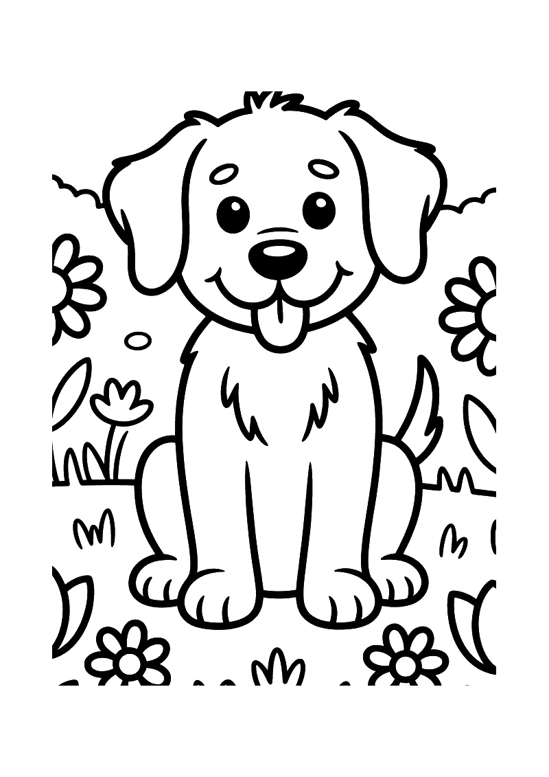 Kleurplaat van een golden retriever pup die zit omringd door een dicht bloemenveld met bloemen van verschillende soorten