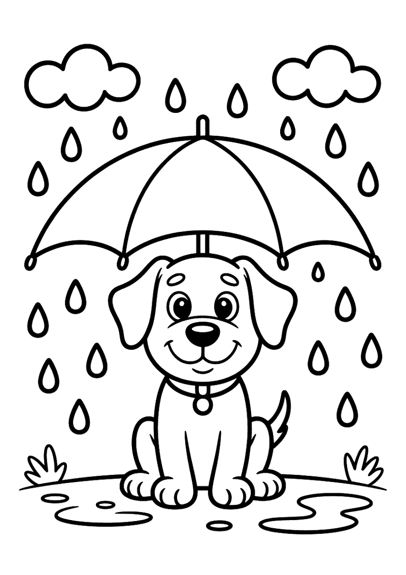 Kleurplaat van een labrador pup die zit onder een grote opengeslagen paraplu terwijl regendruppels uit donkere wolken va