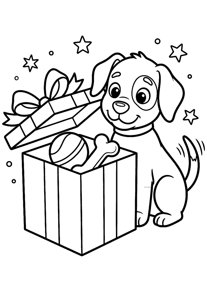 Kleurplaat van een puppy met een vlek om zijn oog naast een open cadeaudoos met een bal en een bot erin