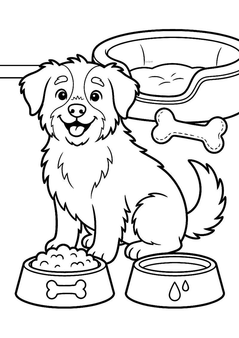 Kleurplaat van een pluizige hond tussen een voerbak met brokjes en een waterbak, met een mand en een bot erachter
