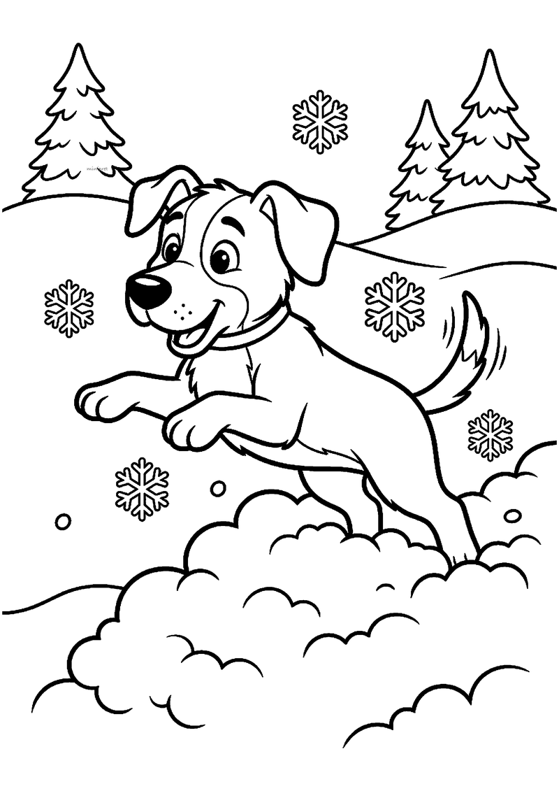 Kleurplaat van hond met halsband die over een sneeuwhoop springt tussen twee dennen onder sneeuwvlokken