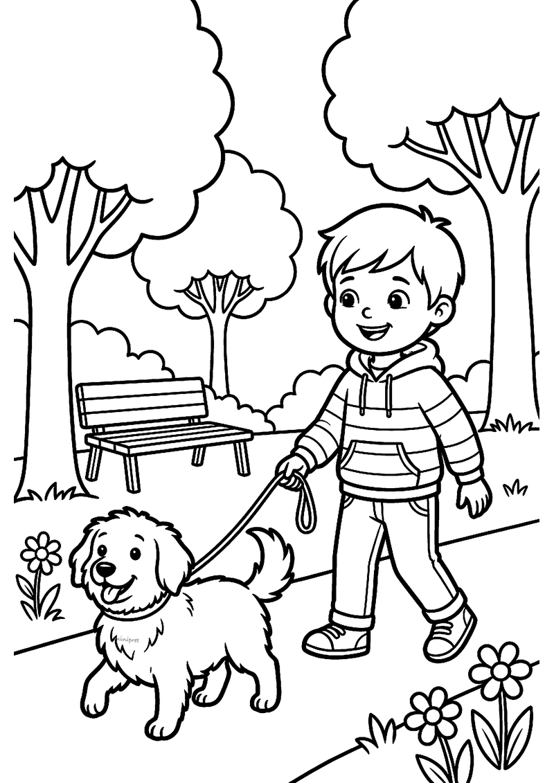 Kleurplaat van een jongen die zijn pluizige hond aan de riem uitlaat in een park met bankje en bomen