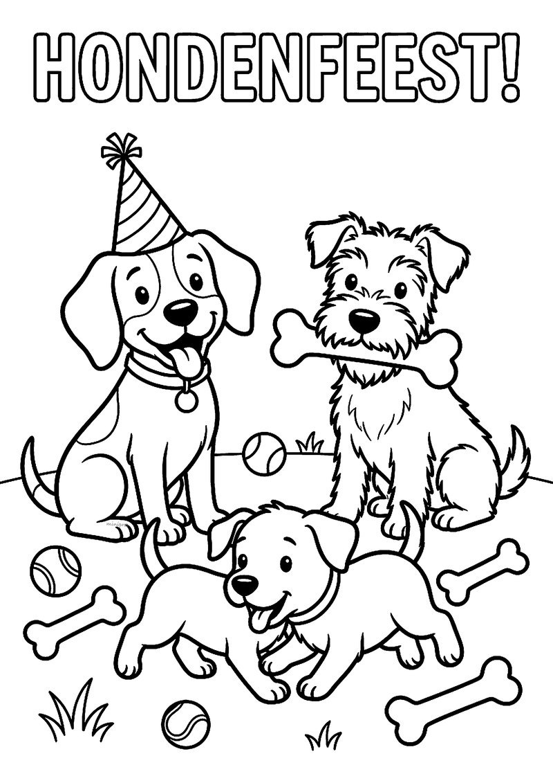 Kleurplaat met de tekst Hondenfeest en drie honden met feesthoedje, bot en tennisballen