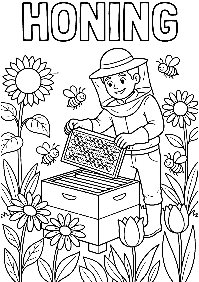 Kleurplaat van een imker met hoed en sluier die een raam met honingraat uit de bijenkast tilt tussen bloemen en bijtjes