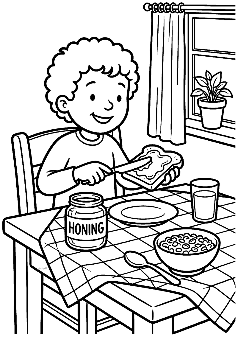 Kleurplaat van een kind met krullen dat honing op een boterham smeert aan de ontbijttafel met een pot HONING