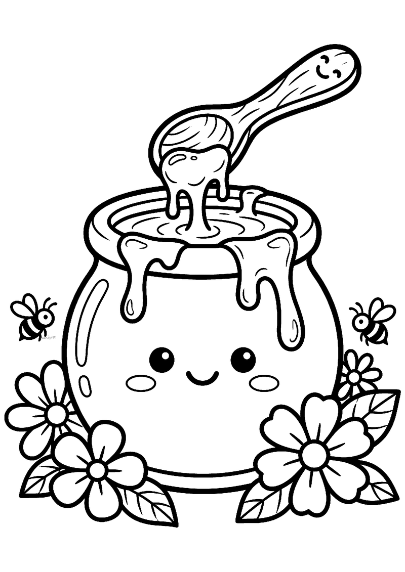 Kleurplaat van een lachende honingpot met druipende honing en een houten lepel, met twee bijtjes en bloemen