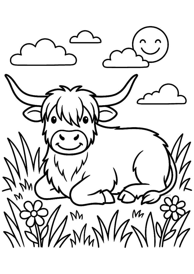 Kleurplaat van een Schotse hooglander met lange hoorns en ruige vacht die in het gras ligt onder een lachende zon