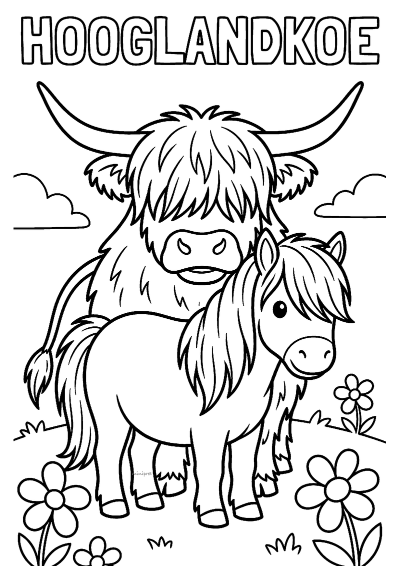 Kleurplaat van een harige hooglandkoe met lange hoorns en pony over haar ogen, met een pony ervoor, HOOGLANDKOE erboven