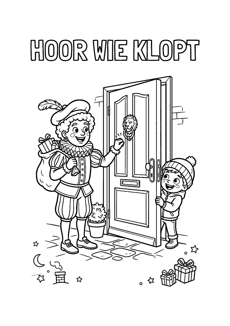 Kleurplaat van Piet met cadeauzak aan de deur en een kind dat opendoet, met tekst HOOR WIE KLOPT
