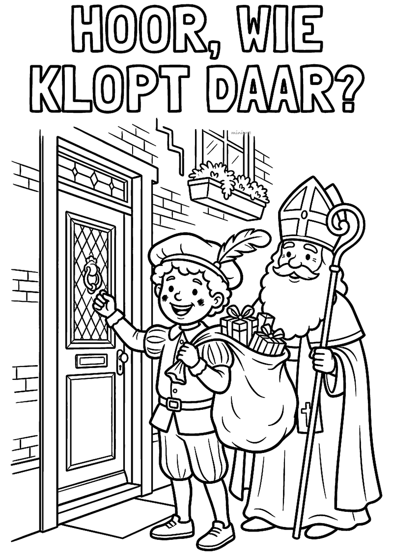 Kleurplaat van Piet die met een zak pakjes op een voordeur klopt, de Sint staat erachter, tekst HOOR, WIE KLOPT DAAR?