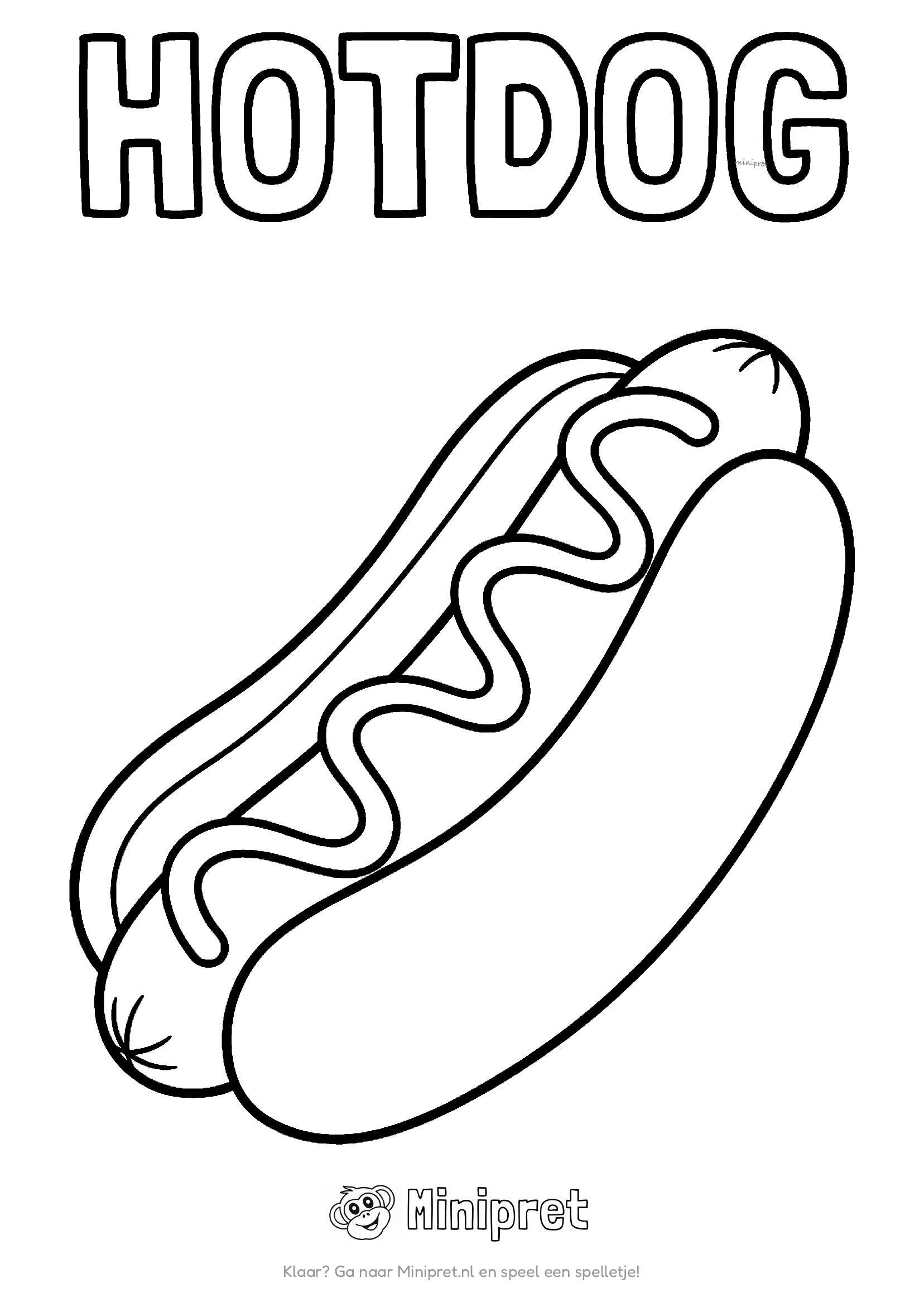 Hotdog als kleurplaat: hotdog in een broodje met mosterd en ketchup-streep