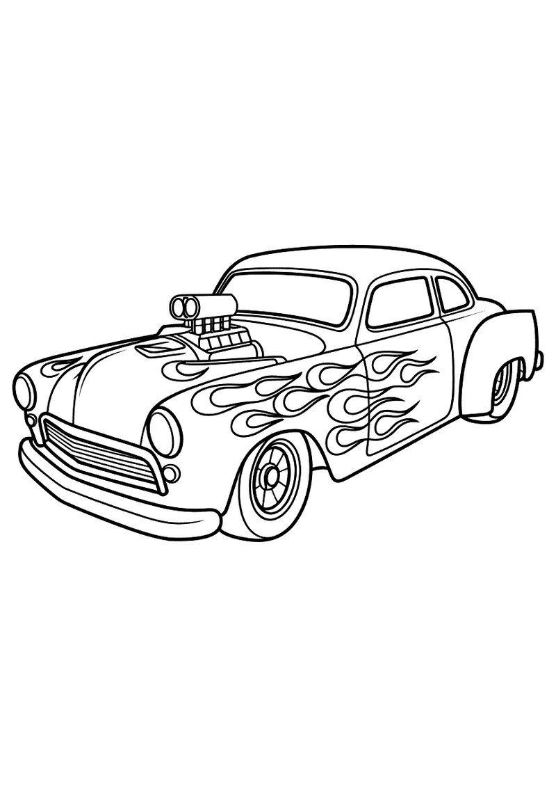 Kleurplaat van een klassieke hotrod met grote vlammen langs de zijkanten en een uitstekende supercharger op de motorkap