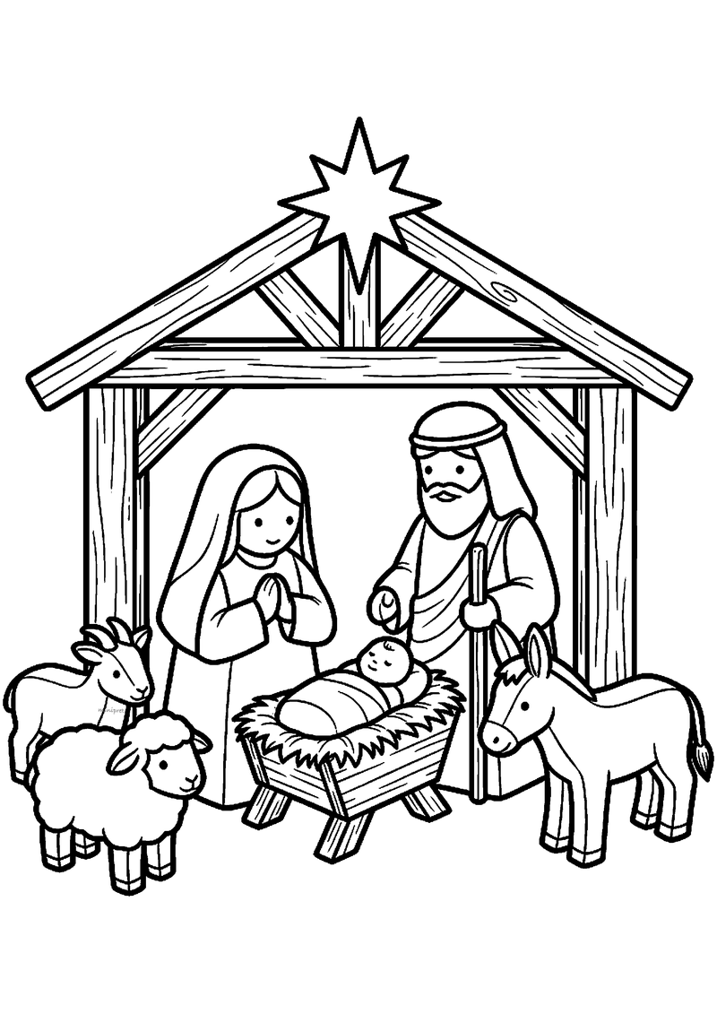 Kleurplaat van houten kerststalletje miniatuur met ster, Maria, Jozef, baby Jezus in kribbe, ezel en schapen