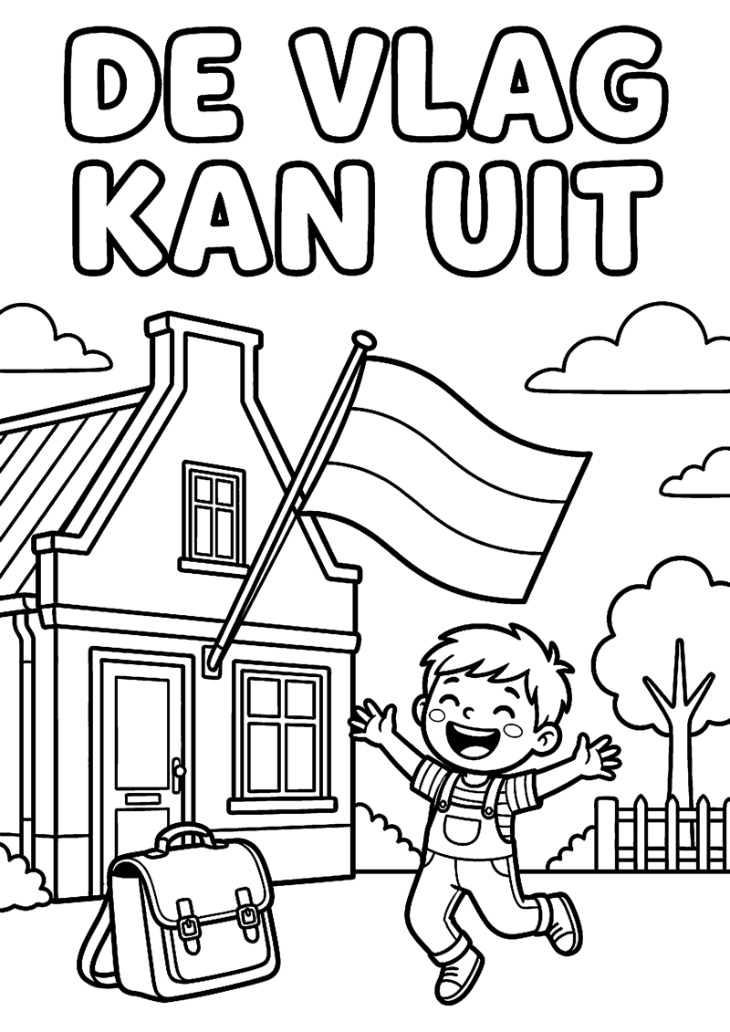 Huis met Vlag Schooltas en Blij Kind met Tekst de Vlag Kan uit Geslaagd Kleurplaat — gratis kleurplaat