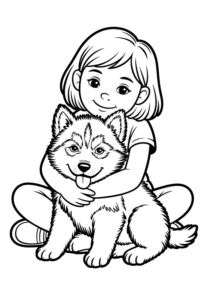 Kleurplaat van een meisje dat achter een Siberische husky zit op de grond en haar armen om de hond heen slaat in een knu