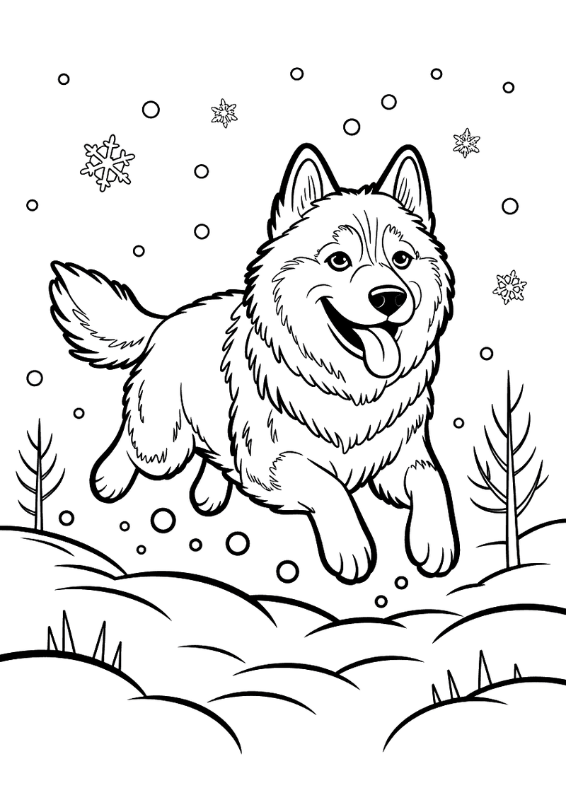 Kleurplaat van een rennende husky in een besneeuwde winterlandschap met sneeuwvlokken en bomen op de achtergrond