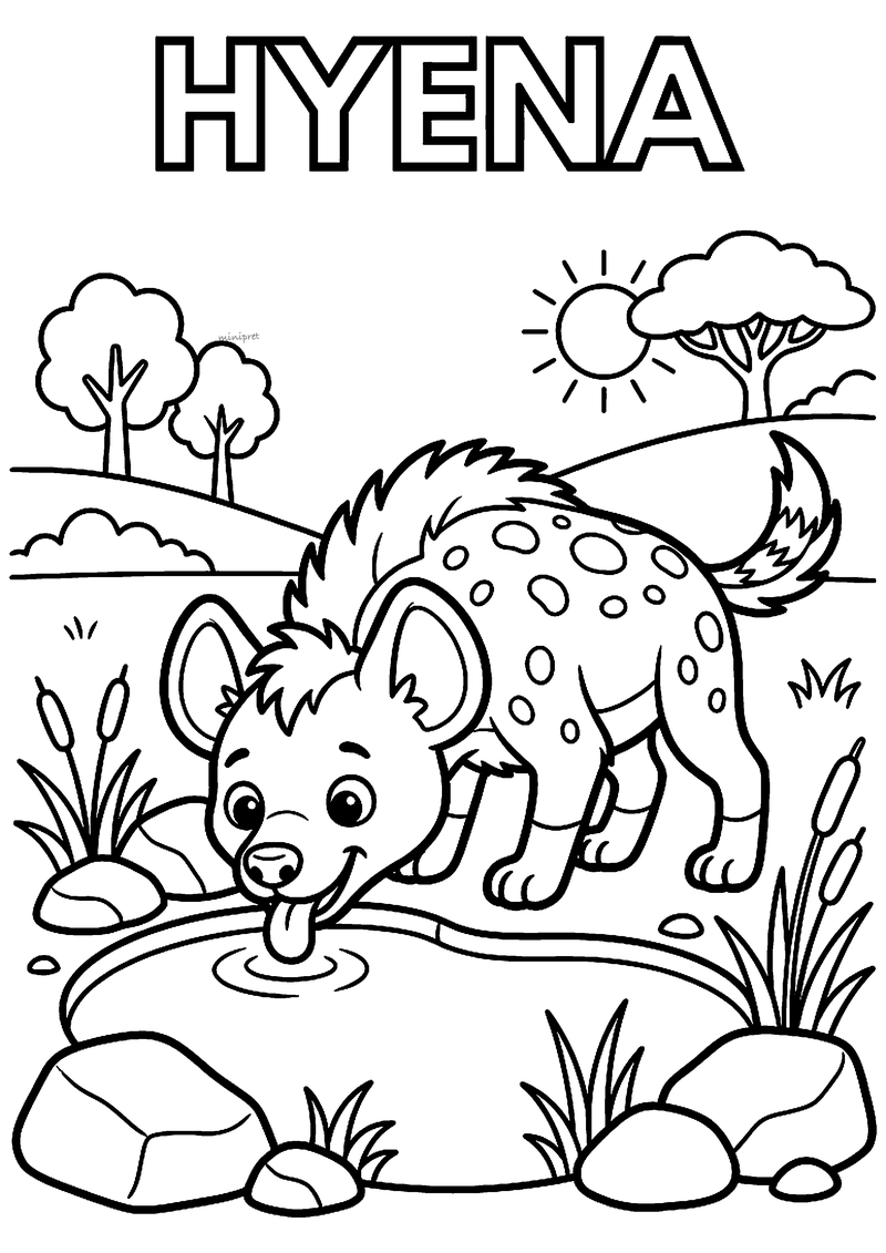 Kleurplaat van een gevlekte hyena die uit een waterpoel drinkt tussen rietsigaren en stenen, met HYENA erboven