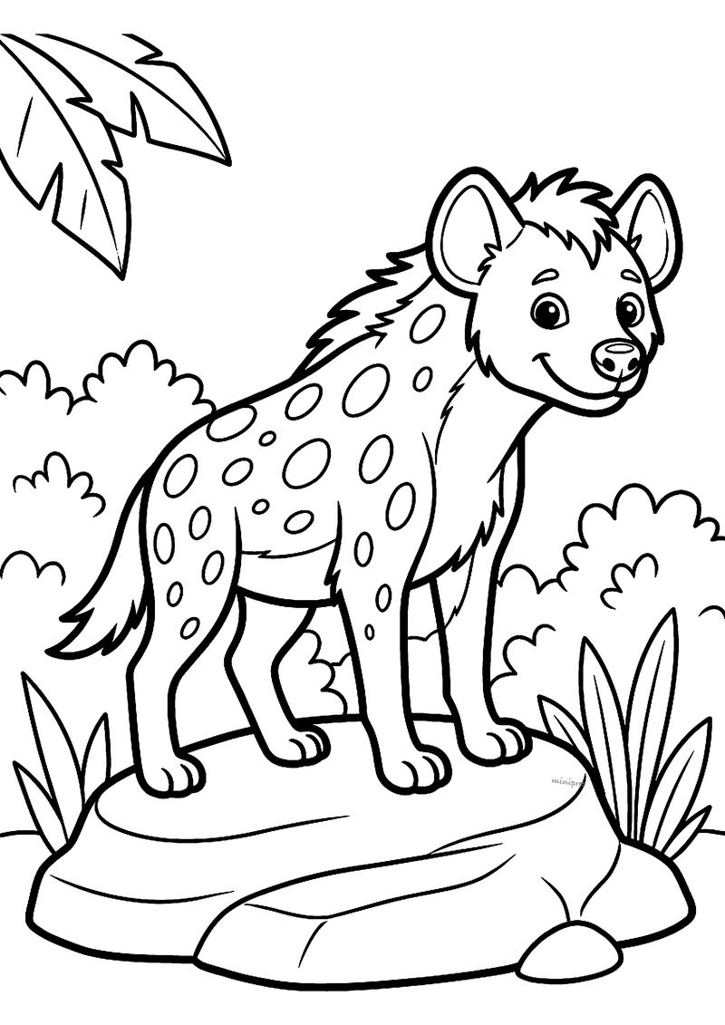 Kleurplaat van een gevlekte hyena die op een platte rots staat tussen struiken en grote bladeren