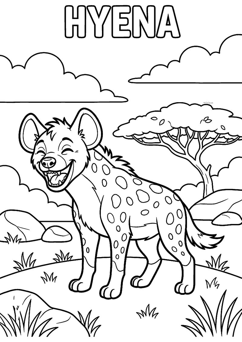 Kleurplaat van een gevlekte hyena die hard lacht op de savanne, met een acaciaboom, rotsen en wolken, HYENA erboven