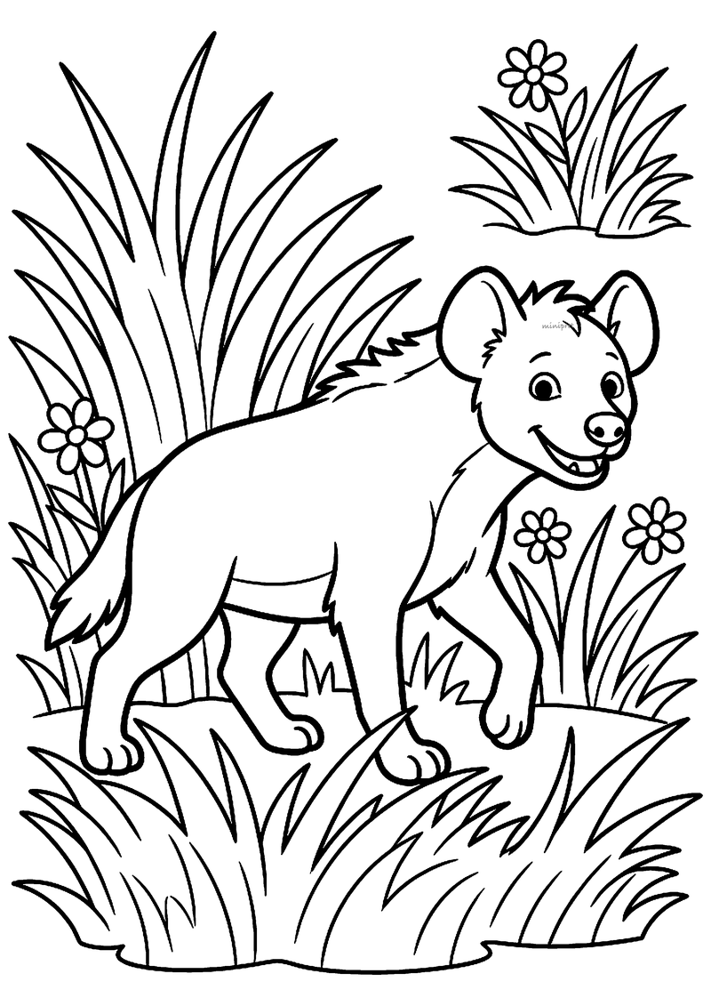 Kleurplaat van een vrolijke hyena met ronde oren en een kuifje die door hoog gras met kleine bloemetjes loopt