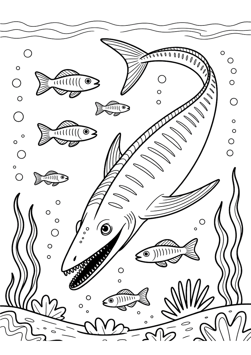 Kleurplaat van een langwerpige Ichthyosaurus die onder water zwemt temidden van kleine vissen, zeewier en zeebodem