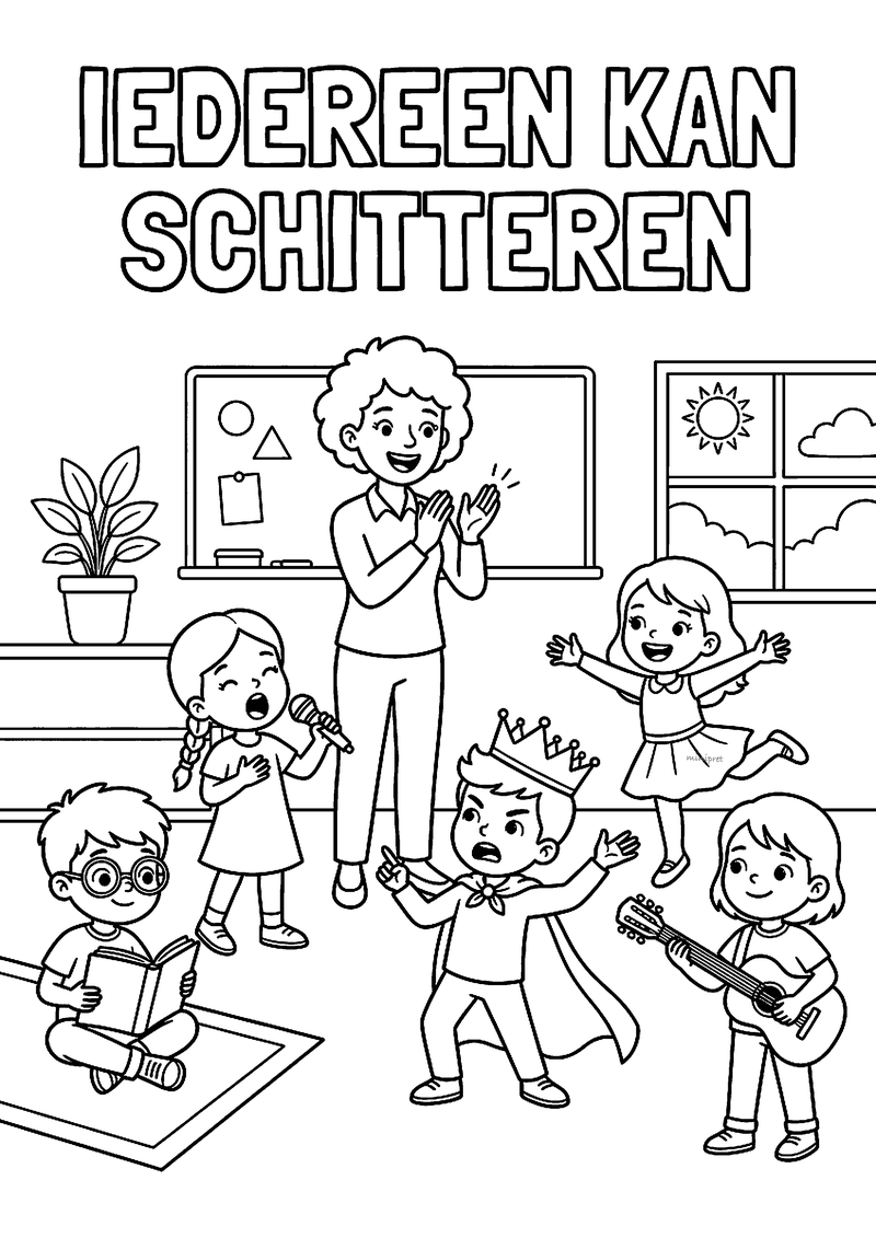 Kleurplaat van kinderen die zingen, gitaar spelen, lezen en dansen terwijl de juf klapt